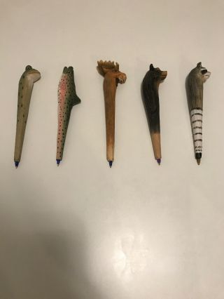 5 Hand Carved Wooden Animals Ballpoint Pens,  Blue,  Purple,  Black Ink