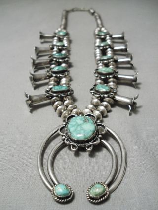 Carico Lake Turquoise Vintage Navajo Sterling Silver Squash Blossom Necklace