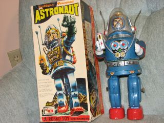 Vintage Rosko Nomura Astronaut W/ Box Blue Japan Tin Toy 1960s