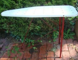 Vintage 1950s Retro Red White Metal Childrens Play Toy Ironing Board Folds Stand