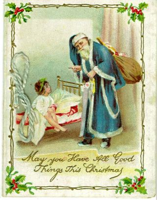 Artist Drawn Old Vintage Christmas Card Father Xmas In Blue Gown Embossed