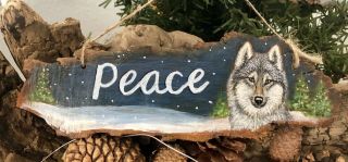 Bark Wood Painted Winter Night “peace” Wolf Ornament /mini Sign Lisa Rogers