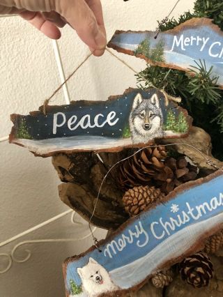 Bark Wood Painted Winter Night “Peace” WOLF Ornament /mini Sign Lisa Rogers 2