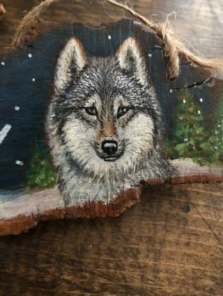 Bark Wood Painted Winter Night “Peace” WOLF Ornament /mini Sign Lisa Rogers 3