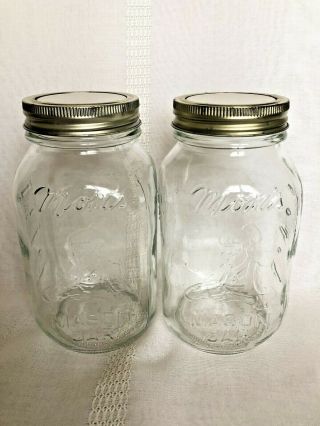 2 Vintage Moms Mason Jars 1 Quart With Lids,  Clear,  Embossed With Picture