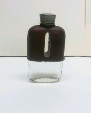 Vintage Old Small (3 1/2 ") Covered Glass Bottle Flask With Pewter Cap.