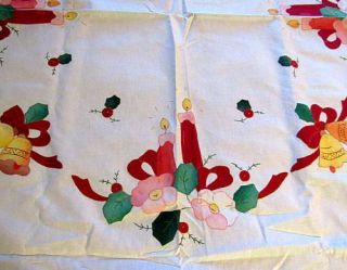 Vintage Christmas Applique Tablecloth,  6 Matching Napkins Round 64 "
