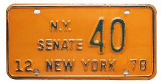 York 1975 State Senate License Plate,  Low Number 40,  Political,  Government