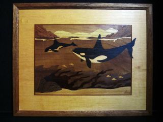 Hudson River Inlay Wood Art Marquetry Ocra Whales Jeff Nelson Signed 16 " X13 " 2