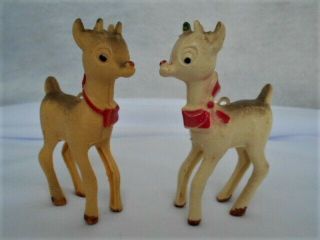 2 Vintage Rudolph The Red Nosed Reindeer Hard Plastic Ornaments Mid Century