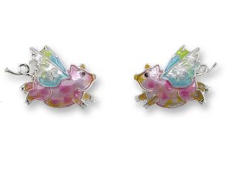 Zarah Enamel Jewelry Sterling Silver Post Earrings Flying Pig Pink Winged