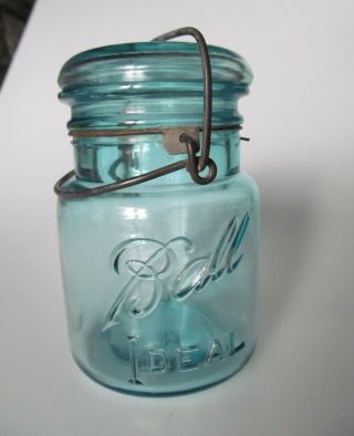 Vintage Ball Ideal Blue Glass Pint Canning Jar 8 With Lid Wire Bail No Damage