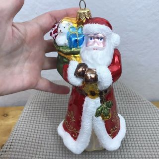 Collectible Large Santa Claus Glass Christmas Ornament Poland Hand Blown W/box