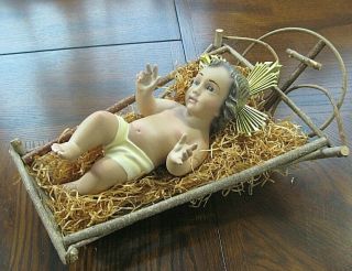 Nativity Baby Jesus Hand Painted Glass Eyes Spain In Twig Manger Vintage