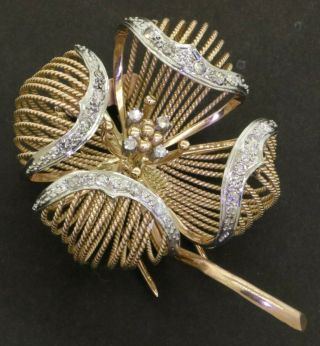 Vintage Heavy Jumbo 18k 2 - Tone Rose/white Gold.  80ctw Diamond Flower Brooch