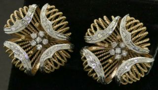 Vintage 18k 2 - Tone Gold 1.  08ct Diamond Flower Clip - On Earrings