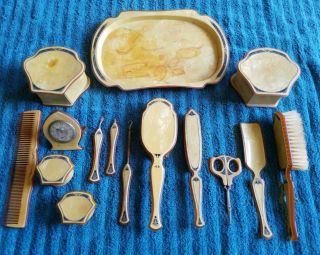 Vintage Celluloid Bakelite Gold Marbled Dresser Vanity Grooming Set
