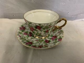 Vintage Napco China Tea Cup & Saucer - Hand Painted - Red And Green Flowers