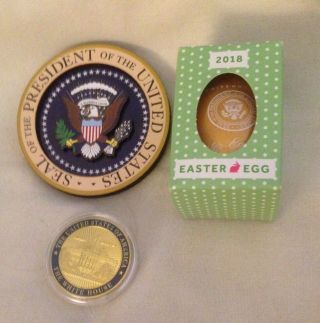 Trump Gold 2018 Easter Egg,  White House Challenge Coin,  Eagle Seal Magnet = 3