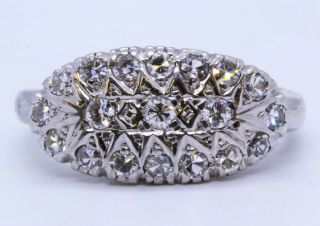 Vintage 14k Solid White Gold Round Diamond Oval Cluster Cocktail Ring Size 7