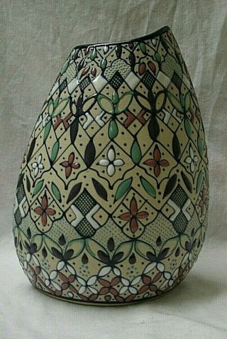 Vintage Javier Servin Art Pottery Vase Floral Design Mexico Hand Painted Signed