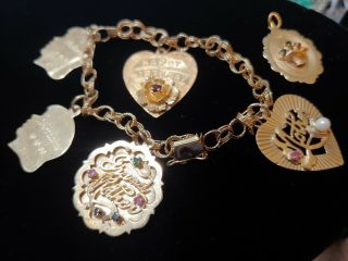 Vintage 14k Yellow Gold Charm Bracelet With Gems All Marked 23 Grams Not Scrap