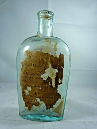 Antique Medicine Glass Bottle With Portion Of Its Paper Label,  6 " High