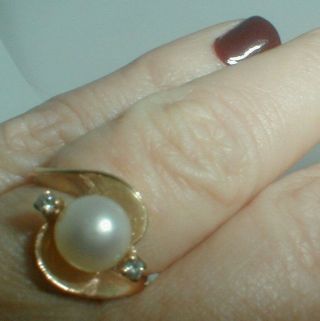 Vintage Signed 14k Yellow Gold 2 Diamond 5mm Gorgeous Pearl Sz 6 Ring 4.  3g
