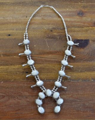 Vintage Southwestern Sterling Silver And Mother Of Pearl Squash Blossom Necklace