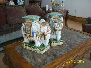 Chinoiserie Ornate Oriental Vtg Ceramic Hollywood Regency Elephant Table Garden