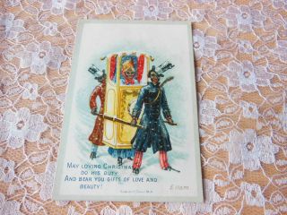 Victorian Christmas Card/black Figures Carrying Hand - Held Carriage In Snow/ellam