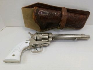 Vintage Nichols Stallion 45 Cap Gun With White Pearl Grips And Leather Holster
