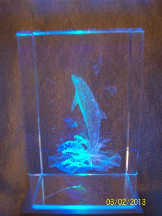 Dolphin Mother And Baby Laser Etched Glass Cube Paperweight With Lighted Base