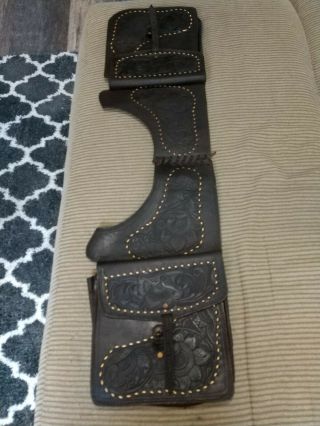 Vintage Western Horse Saddle Bags Thick Heavy Leather Hand Tooled Brass Hardware