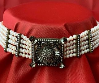 Heidi Daus Vintage Art Deco Choker With Crystals & 5 - Strand Faux Pearls