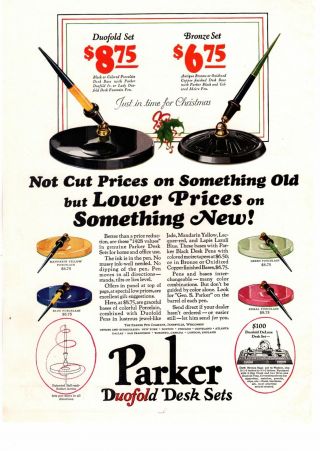1927 Parker Duofold Desk Set Pen Company Janesville Wi Christmas Color Print Ad