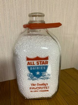Vintage All Star Dairies One Gallon Milk Bottle Jar Great Graphics Glass