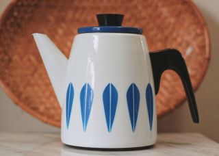 Vintage Cathrineholm White/blue Enamel Lotus Danish Mid Century Coffee Tea Pot