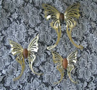 Vintage Home Interior Homco Brass Metal Butterfly Wall Accents Set Wood Centers