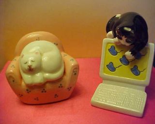 Vintage Cat Curled In Chair & Cat On Cpu Salt Shakers
