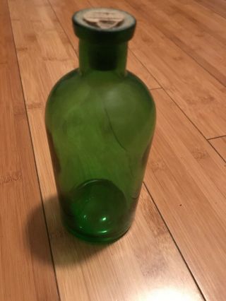 Vintage Green Glass Bottle With Cork 6 1/2” Tall