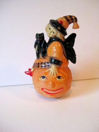 Vintage Halloween Witch,  Cat,  Jack - O - Lantern Celluloid/viscoloid Roly Toy -