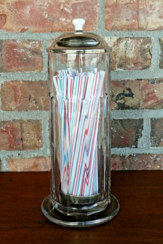 Vintage Heavy Glass Straw Holder Dispenser Porcelain Knob Soda Fountain - Bar