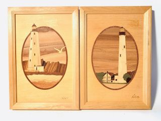 Set Of 2 Hudson River Inlay Wood Marquetry Lighthouse Pictures Jeffrey Nelson