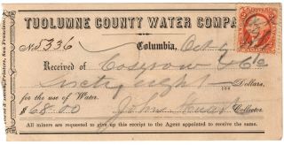 Receipt - Tuolumne County Water Company - 2ct Revenue Stamp - Columbia,  Ca 1870s