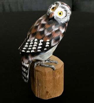 Vintage Prc China Carved Wooden Owl Hand Carved & Painted Wood Figure Chinese