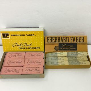 Vintage Eberhard Faber 12 Pink Pearl And 12 Union Erasers Double Beveled Office