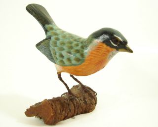 Hand Carved Painted Wood Bird Orange Red Breasted Figurine Figure Estate Sparrow