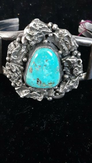 Vintage Southwest Turquoise Wide Cuff Bracelet Sterling 925 Cms