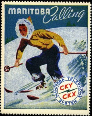 Manitoba Calling Ski / Skiing Great Old Advertising Poster Stamp